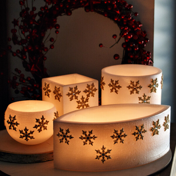 Lampion Windlicht Wachs-Kerze Schneeflocke Glitzerstein Weihnachtskerze Teelicht