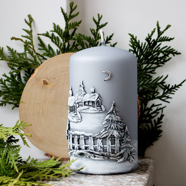 Graue Winter-Weihnachtskerze mit Winterlandschaft  8x15 cm Adventskerze