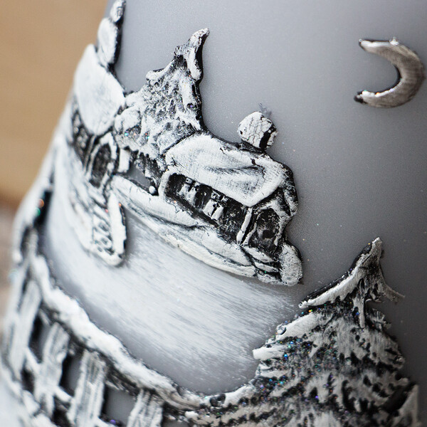 Graue Winter-Weihnachtskerze mit Winterlandschaft  8x15 cm Adventskerze