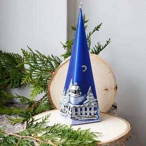 Weihnachtskerze blaue Pyramidenkerze mit Motiv