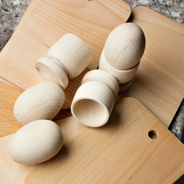 Holzeier 3 Stück mit Holz-Eierbecher hölzerne Eier im Becher Decoupage
