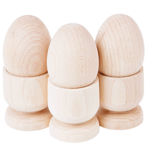 Holzeier 3 Stück mit Holz-Eierbecher hölzerne Eier im Becher Decoupage
