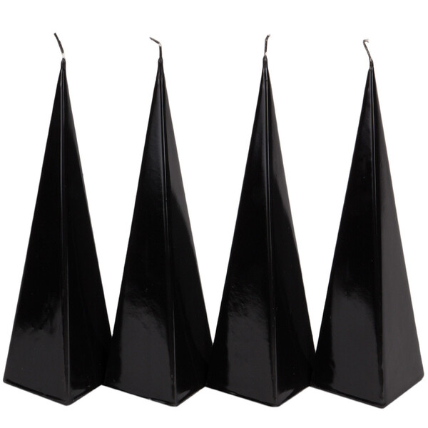 schwarze Wachskerze als Pyramide 4 Stück glänzende Stumpenkerzen Trauerkerzen