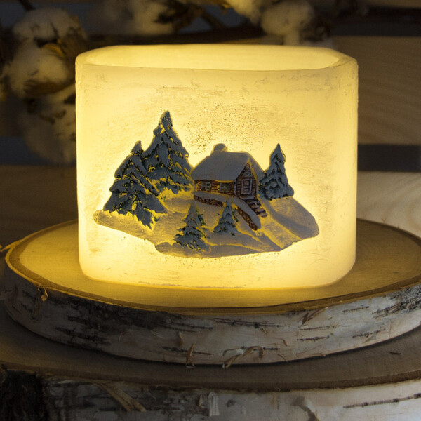 Windlicht aus Wachs ein Teelicht 3D Wachsmotiv Winterlandschaft