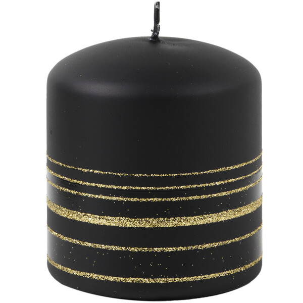 dekorative matte schwarze Stumpenkerze mit goldene Ringe