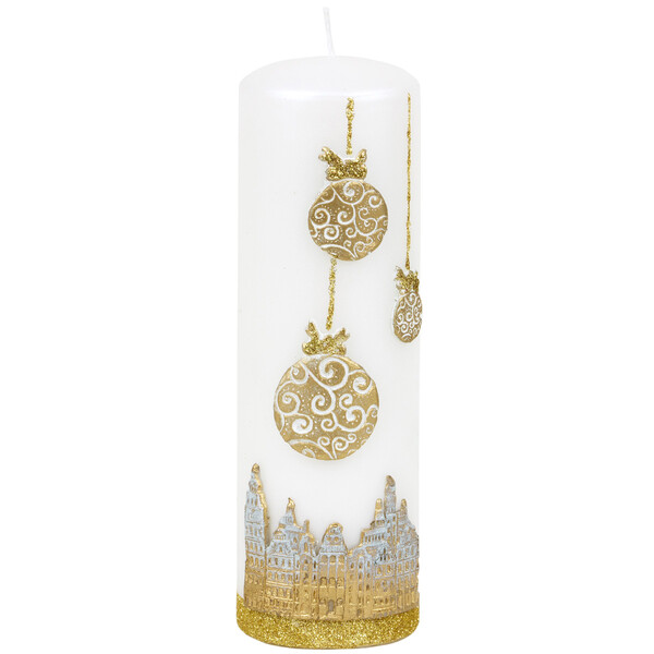 Weihnachtskerze mattes Weiß 19 cm hoch mit goldenem Motiv Ø 6 cm