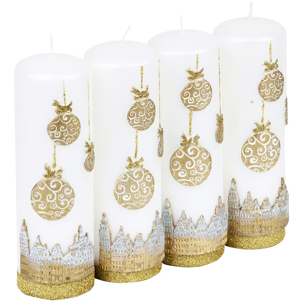 Weihnachtskerze mattes Wei 19 cm hoch mit goldenem Motiv  6 cm