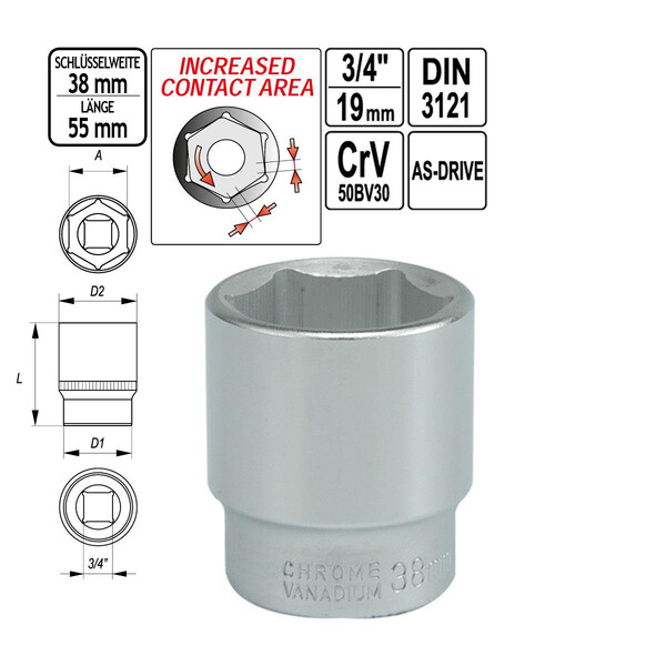 Steckschlssel-Einsatz SW 38 mm Antrieb 3/4 Zoll 55 mm lang