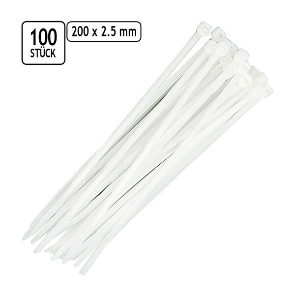 Lange, weiße Kabelbinder 100 Stück 200 x 2,5 mm