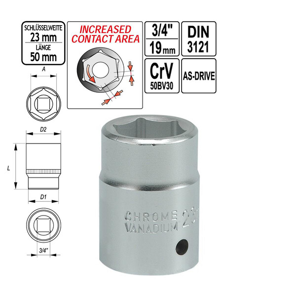 Steckschlssel-Einsatz SW 23 mm Antrieb 3/4 Zoll 50 mm lang