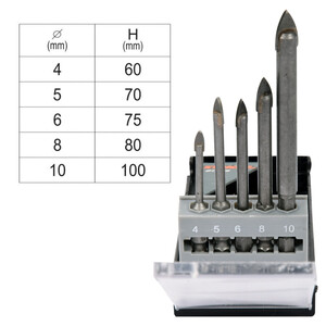 Glas-Bohrer-Satz 5 teilig  4 - 10 mm Sechskant-Aufnahme