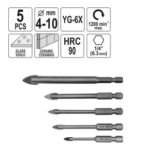 Glas-Bohrer-Satz 5 teilig  4 - 10 mm Sechskant-Aufnahme