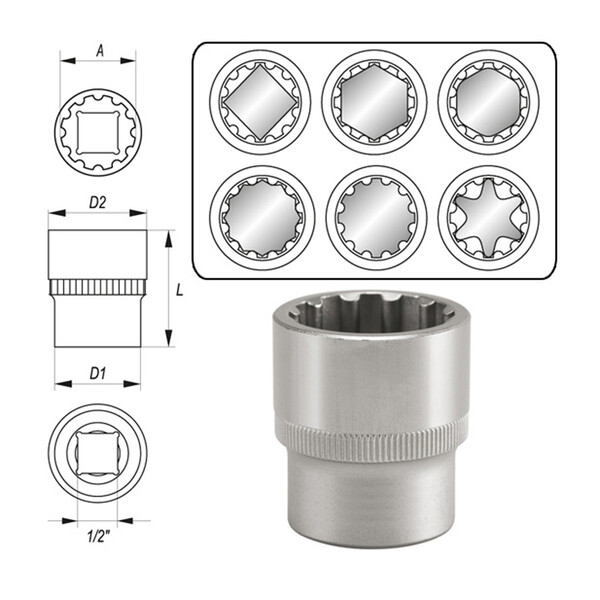 Vielzahn Spline 1/2 Zoll Steckschlssel Einsatz SW 22 mm Lnge 3,8 cm