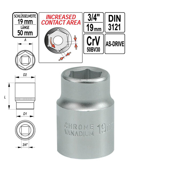 Steckschlssel SW 19 mm Einsatz 50 mm lang 3/4 Zoll Vierkant Antrieb