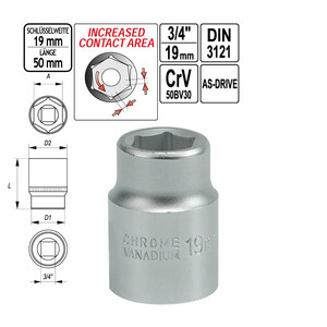 Steckschlssel SW 19 mm Einsatz 50 mm lang 3/4 Zoll...