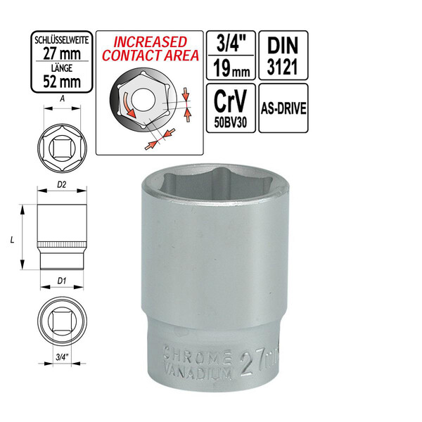 Steckschlssel-Einsatz SW 27 mm Antrieb Vierkant 3/4 Zoll 52 mm lang