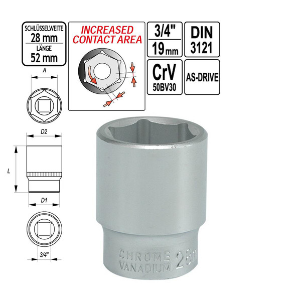 Nuss 52 mm lang Steckschlssel-Einsatz SW 28 mm Vierkant 3/4 Zoll