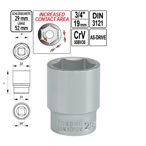 Steckschlssel-Einsatz SW 29 mm Antrieb 3/4 Zoll 55 mm lang