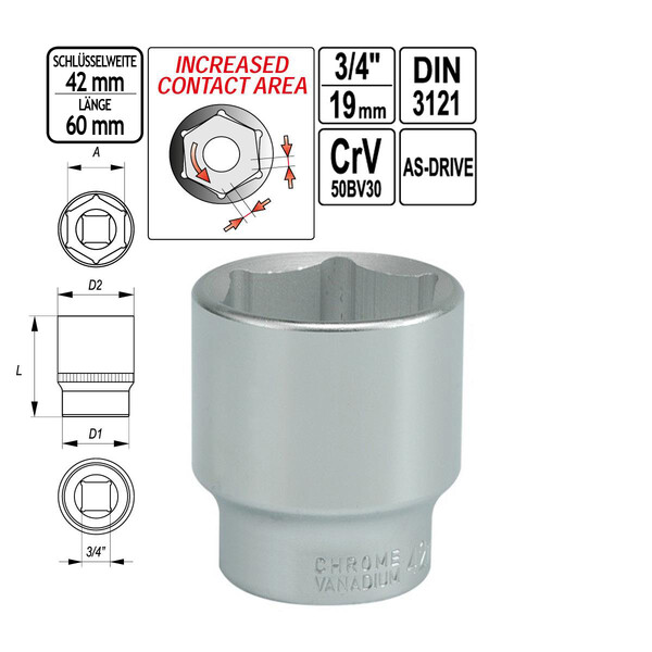 groe Nuss SW 42 Steckschlssel-Einsatz 65 mm lang 3/4 Zoll Antrieb