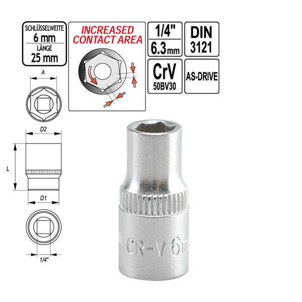 Sechskant 1/4 Zoll  Antrieb SW 6 mm Nuss Steckschlssel-Einsatz 25 mm lang