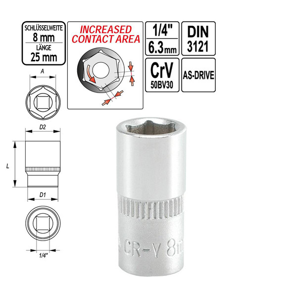 Steckschlssel-Einsatz SW 8 mm Vierkant Antrieb 1/4 Zoll 25 mm lang