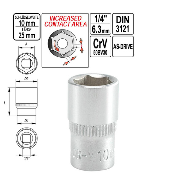 Steckschlssel-Einsatz SW 10 mm Vierkantantrieb 1/4 Zoll 25 mm lang