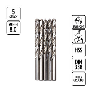 Stahl Bohrer 5er-Set Metall Spiralbohrer HSS 8,0 mm