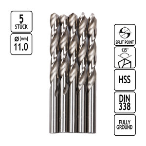 Universalbohrer 5 Stck Metall-Spiralbohrer HSS 11,0 mm