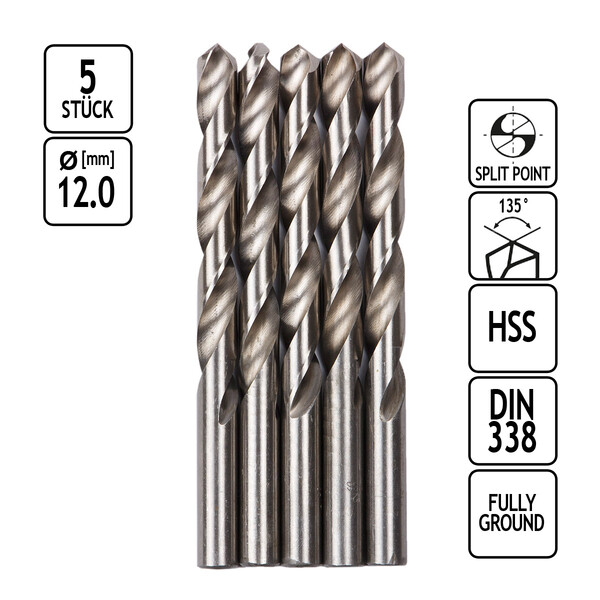 Metallbohrer 5 Stck Metall Spiralbohrer HSS 12,0 mm