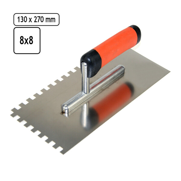 Edelstahl- Glttekelle, gezahnt 130 x 270mm, 8 x 8 Zhne