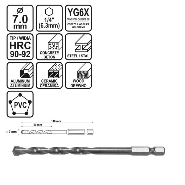 universeller Bohrer  7 mm mit YG-6X Bohrkrone fr Stein, Holz, Metall, Ziegel
